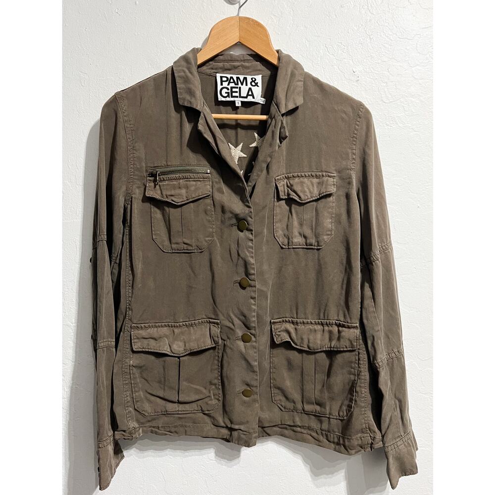 Pam & Gela Jacket Small Flag Fourth Embroidered Green Army Patriotic Tencel - Picture 6 of 9